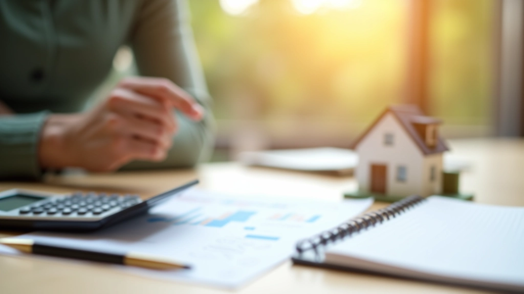 Taschenrechner, Notizbuch und Stift auf Schreibtisch neben Häuschen-Modell