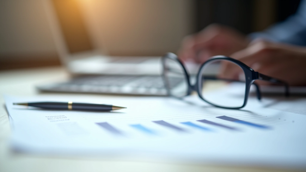 Wachstumsgraph und Investitionsdiagramm auf Papier mit Stift und Brille