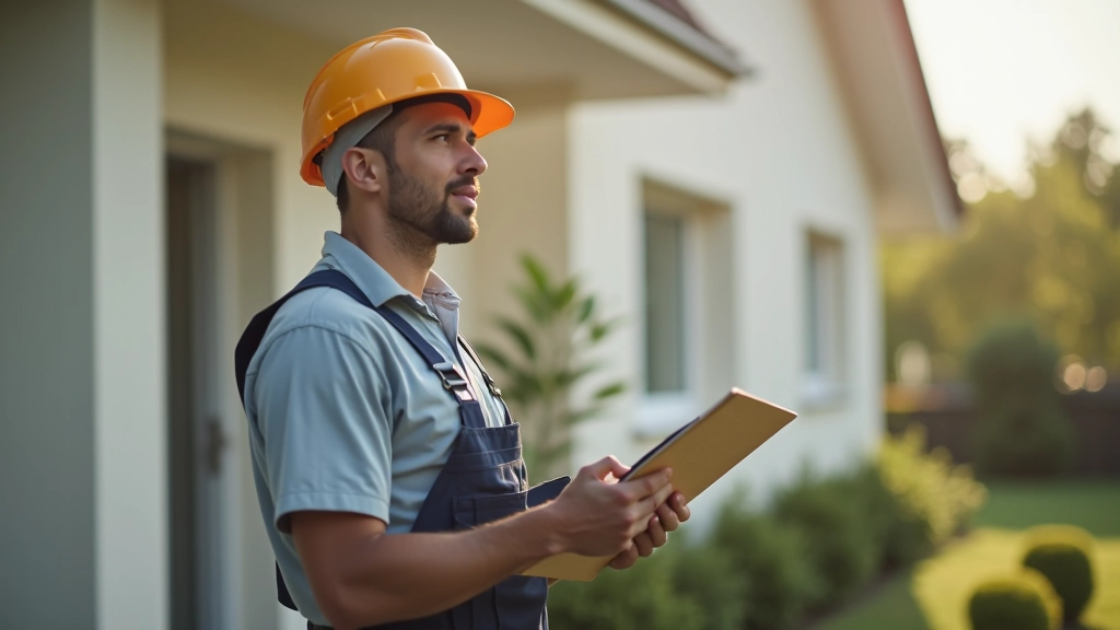 Handwerker mit Werkzeugen vor Hausfassade, wartende Reparatur