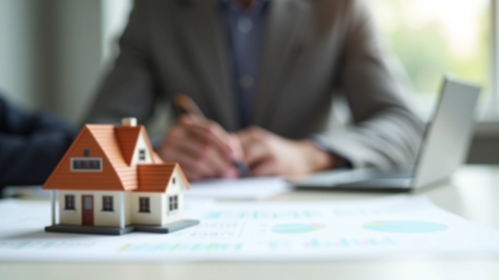 Immobilienmodell auf Schreibtisch mit Hypotheken-Unterlagen und Taschenrechner