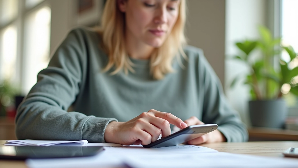 Hausbesitzer betrachtet Finanzplan mit Taschenrechner und Dokumenten am Schreibtisch