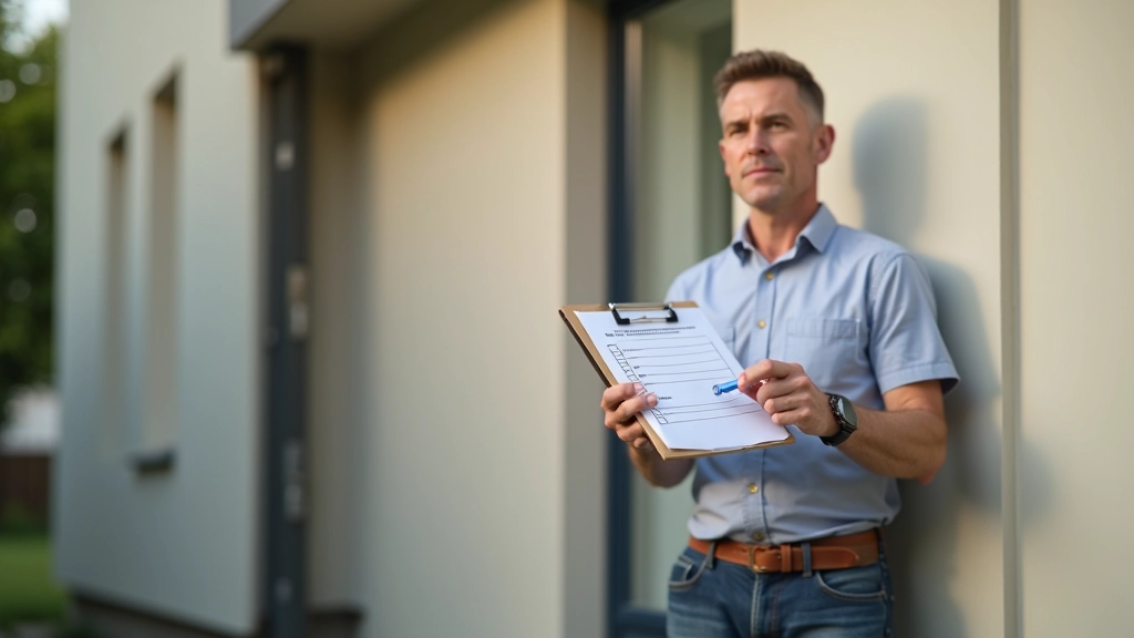 Hausbesitzer überprüft Liste von Reparaturen und Wartungsaufgaben mit Checkliste im Außenbereich