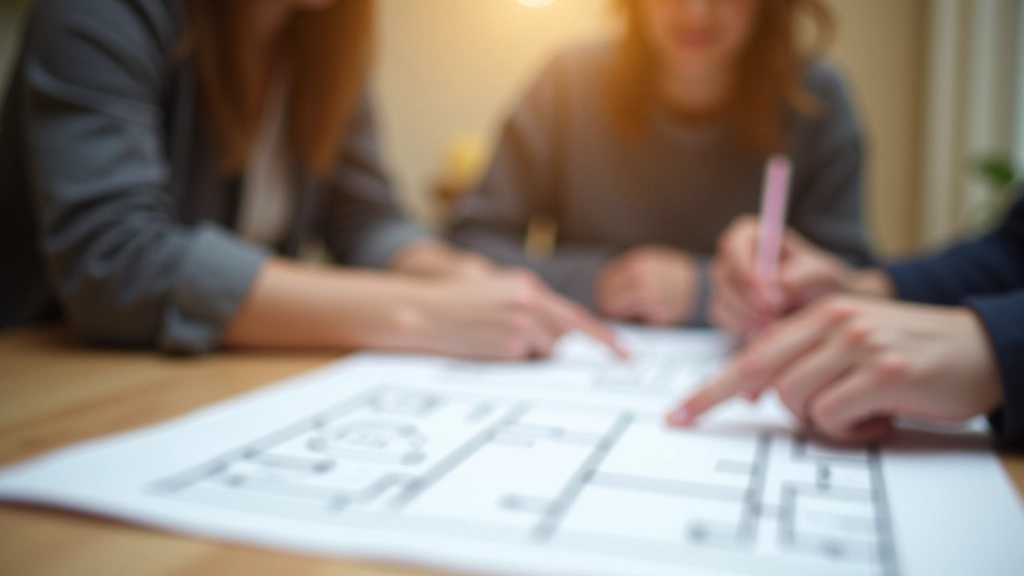 Familie plant Immobilienkauf bei Tisch mit Dokumenten und Modellhaus