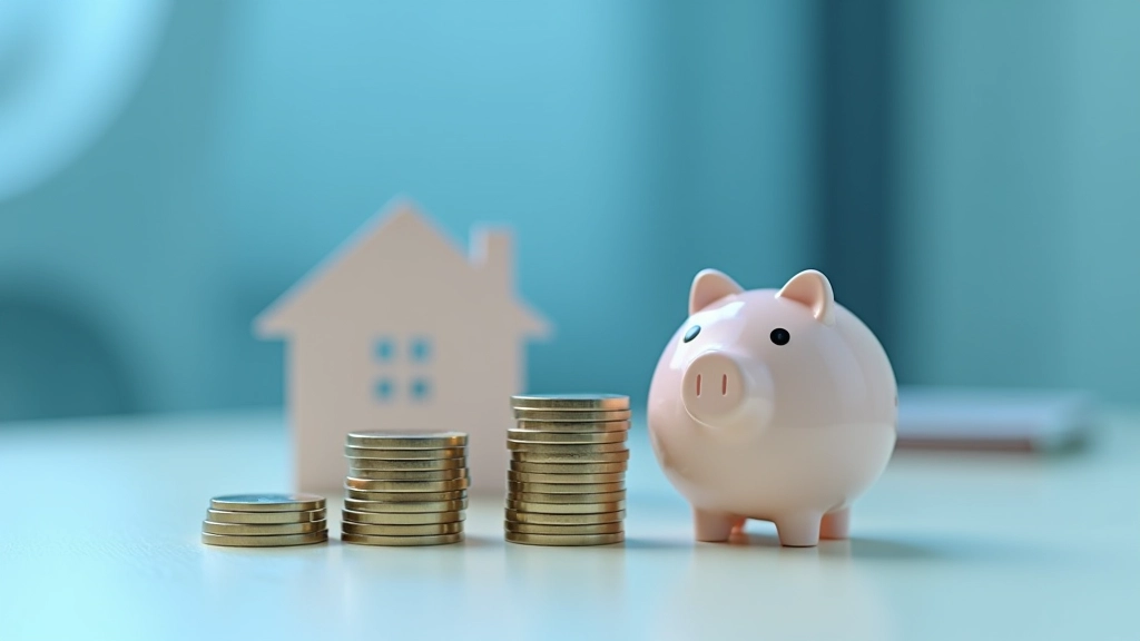 Münzen und Sparbox mit Hausform auf blauem Hintergrund