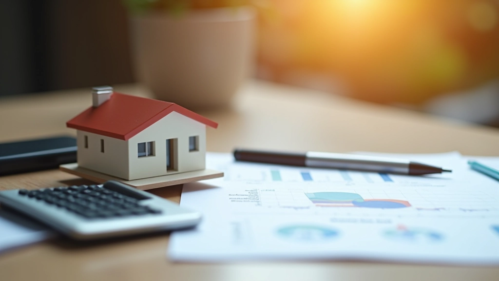 Finanzplanung mit Taschenrechner, Notizbuch und Hausmodell auf Schreibtisch
